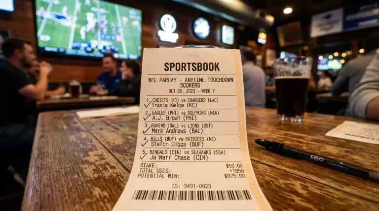 Betting slip showing multiple NFL touchdown scorer selections combined into an accumulator