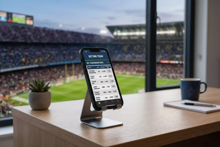 Mobile phone displaying NFL touchdown prop betting markets with stadium in background