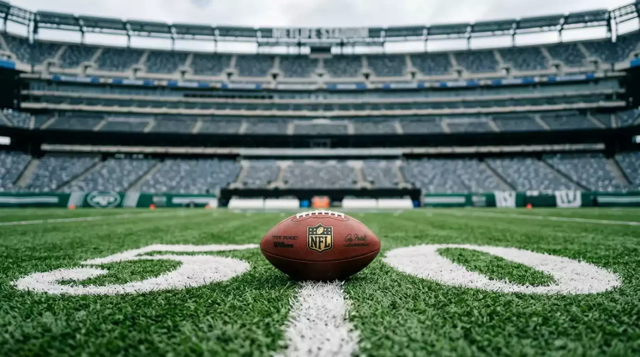 Close-up of an NFL football on the field with stadium seating blurred in the background