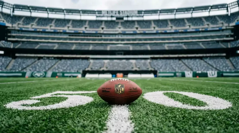 Close-up of an NFL football on the field with stadium seating blurred in the background