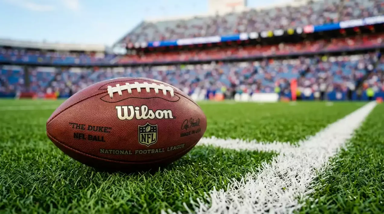 NFL football resting on a green field with yard-line markings visible near the end zone