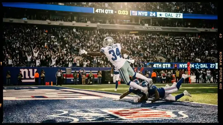 NFL player scoring a late touchdown with the game clock running down
