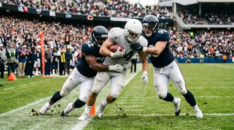 NFL defensive players attempting to stop an offensive player near the goal line