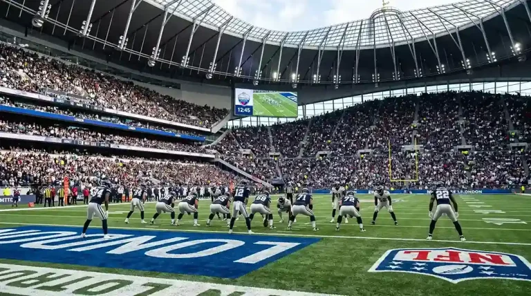 NFL players on the field at Tottenham Hotspur Stadium during a London Games fixture
