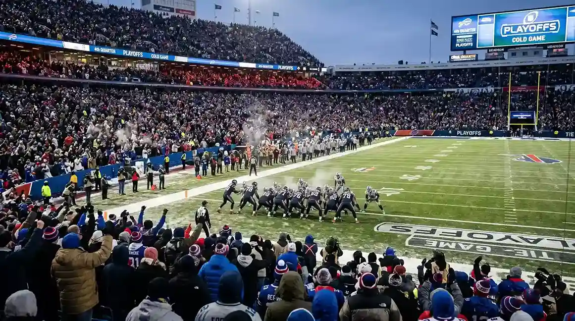 NFL playoff game atmosphere with packed stadium and intense defensive action near the end zone