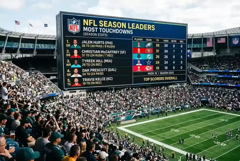 NFL season statistics board showing leading touchdown scorers and their totals