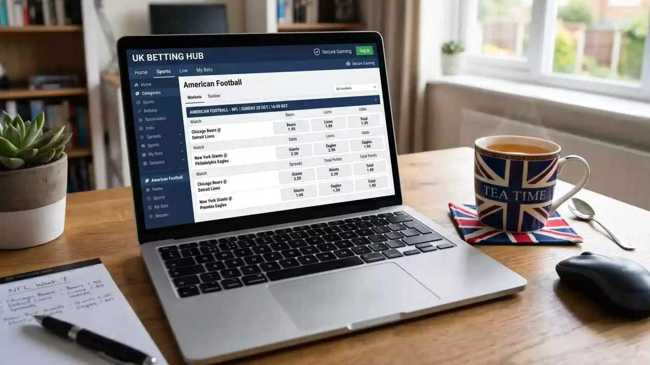 Laptop displaying an online sportsbook with American football betting markets in a UK home office