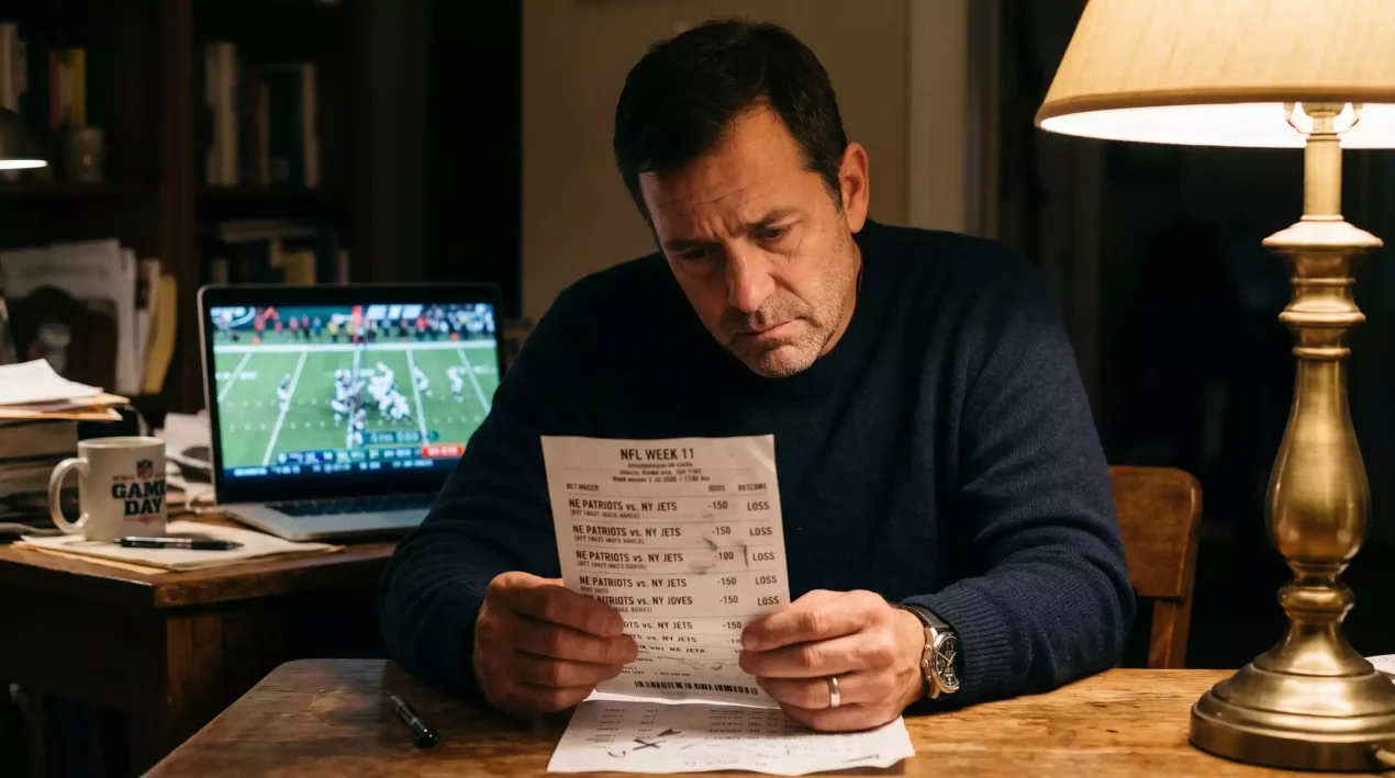 Frustrated bettor reviewing a losing betting slip with NFL game visible on screen behind