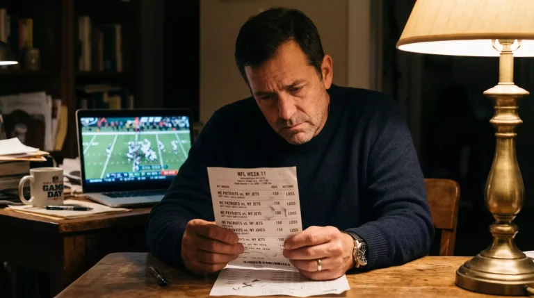 Frustrated bettor reviewing a losing betting slip with NFL game visible on screen behind