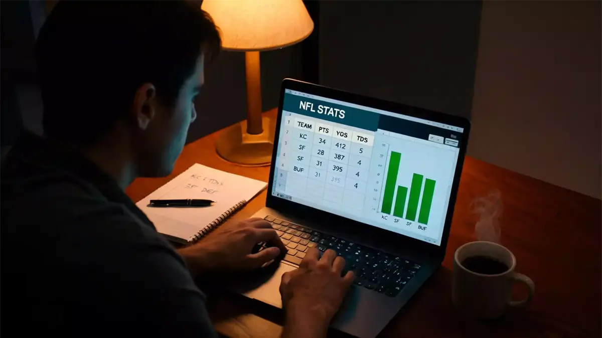 Sports analyst reviewing NFL statistics and red zone data on a laptop screen