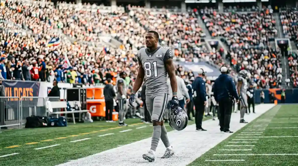 NFL player in full uniform walking along the sideline with the stadium field visible behind