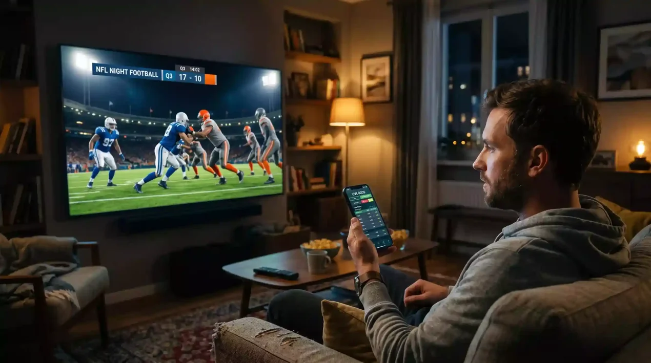 Live NFL broadcast on screen with in-play betting odds overlay showing next touchdown scorer markets