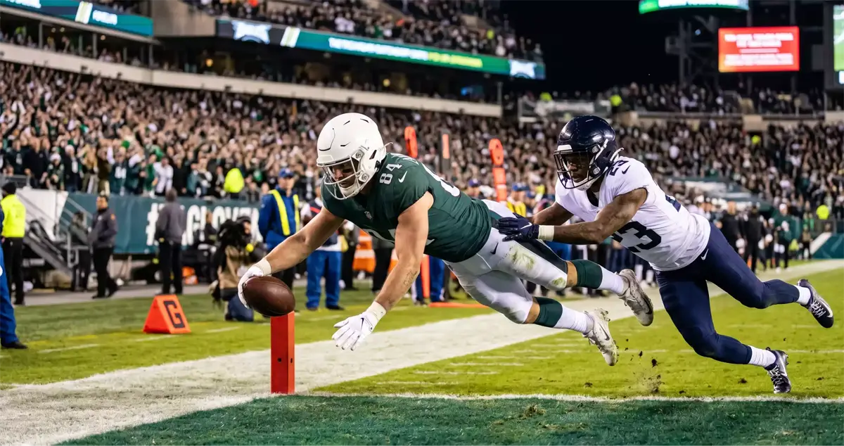 NFL player crossing the goal line to score a touchdown during a regular season game