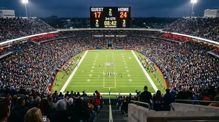 NFL game clock displaying third quarter with scoreboard showing multiple touchdowns