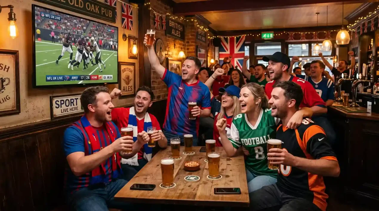 Crowd of UK NFL fans in jerseys celebrating at a London Games watch party