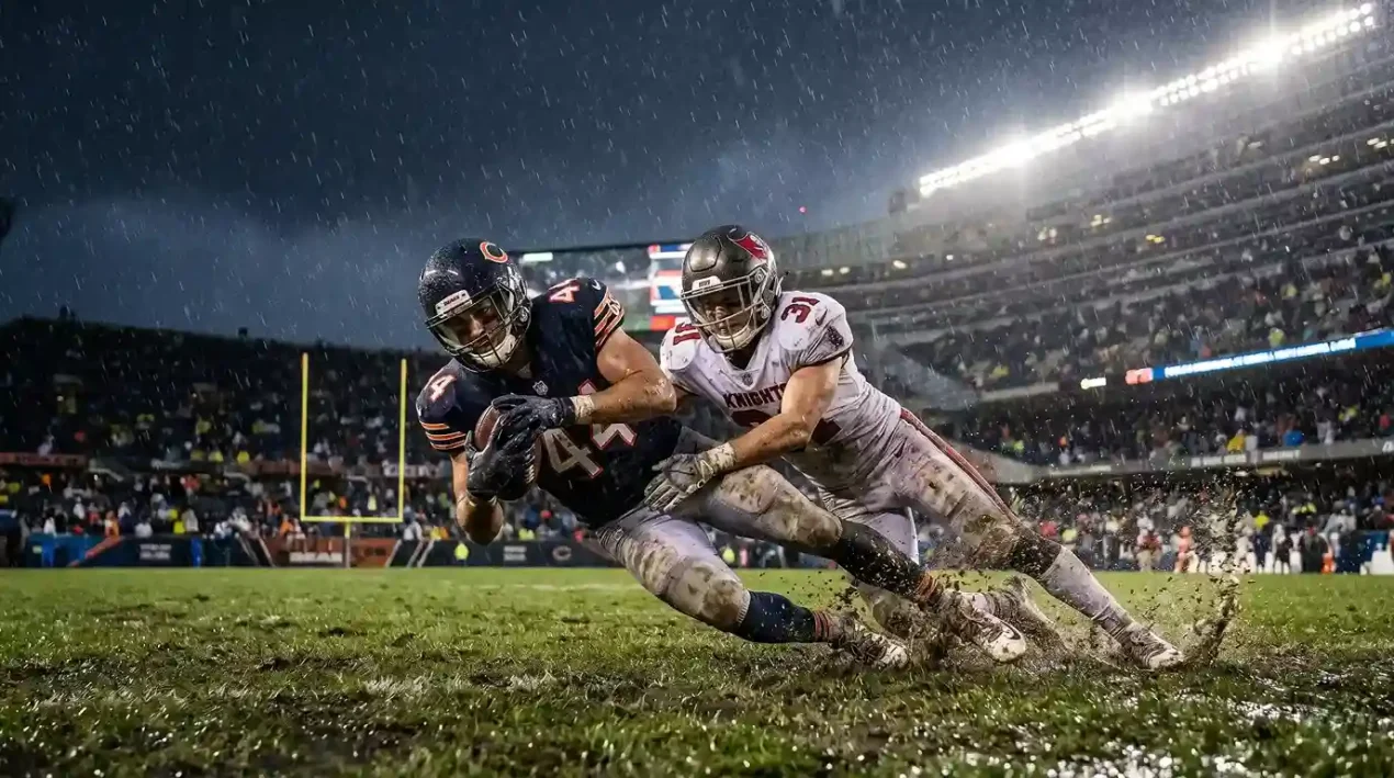 NFL players competing in heavy rain with water splashing on the field
