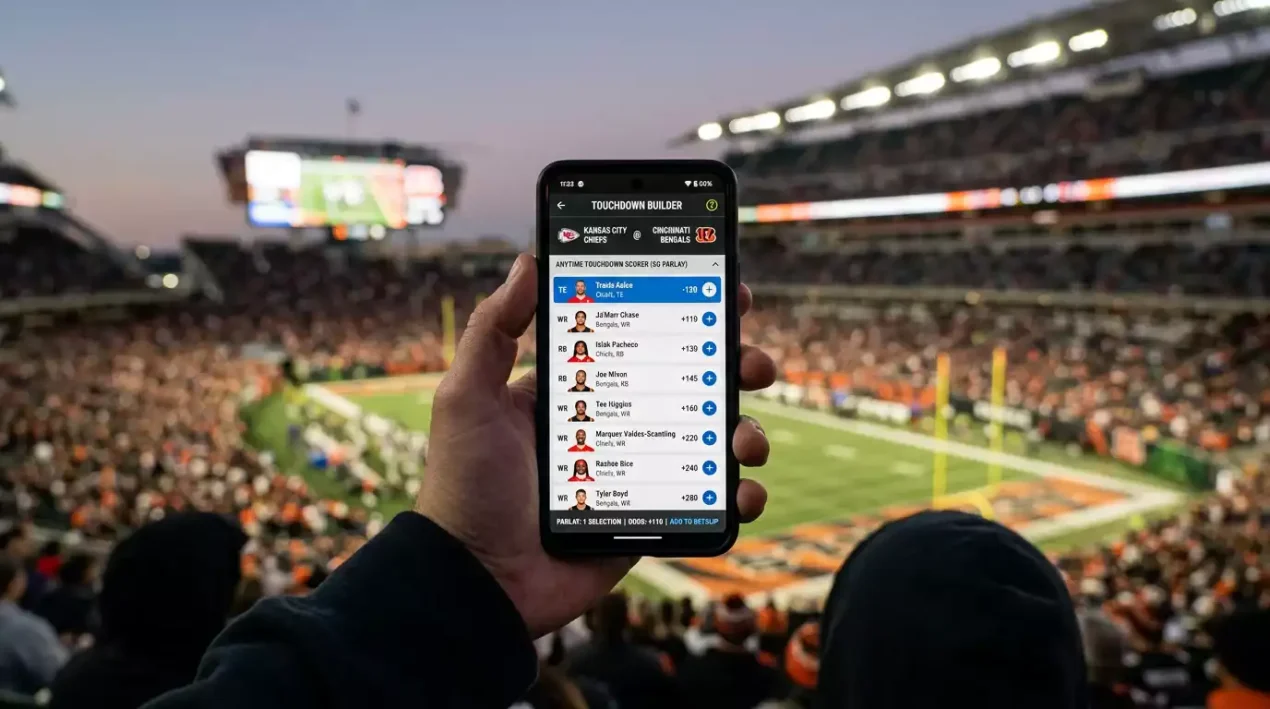 Digital bet builder interface showing multiple touchdown selections from a single NFL game