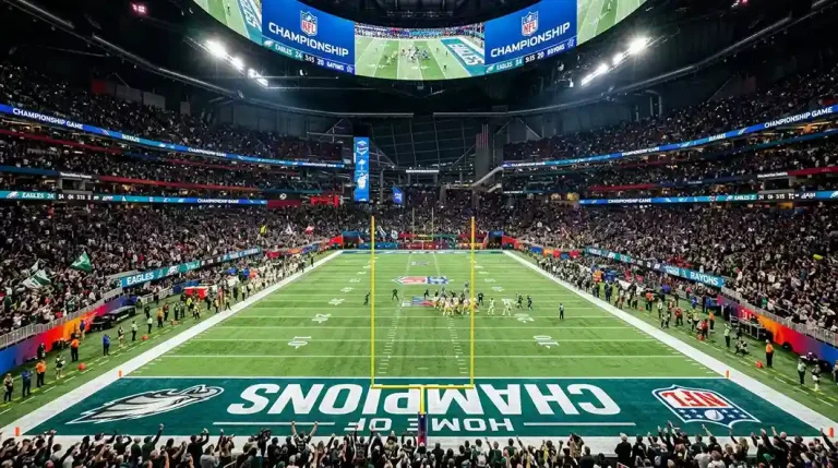 Super Bowl stadium atmosphere with the end zone prominently visible under bright lights