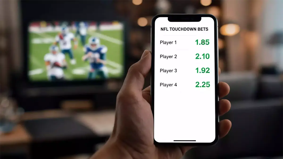 Person comparing NFL touchdown odds on a smartphone with a UK bookmaker app