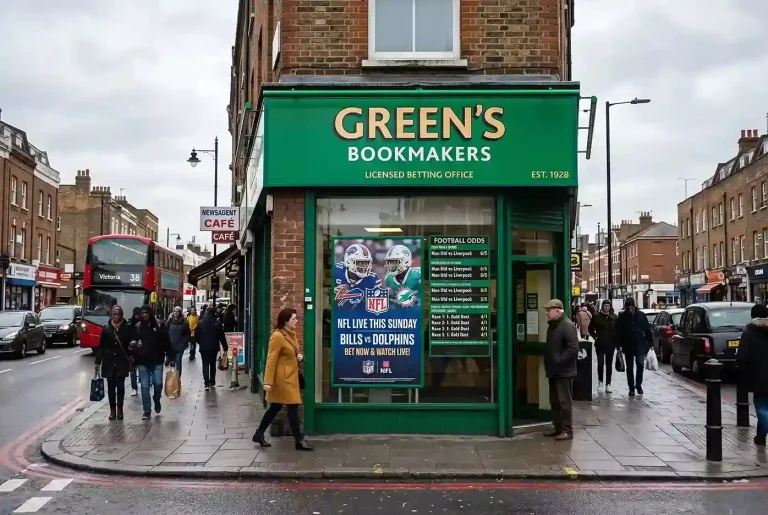 Classic British high-street bookmaker shop with NFL branding visible in the window display